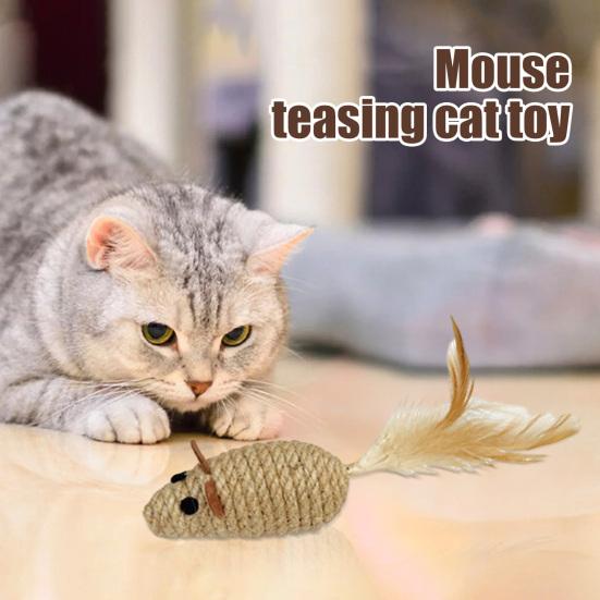 Natural Sisal Toy for Cats Handwoven Sisal Balls Mice Toys with Feather/Bell Interactive Cat Scratcher Chew Toy for Kitten Kicker