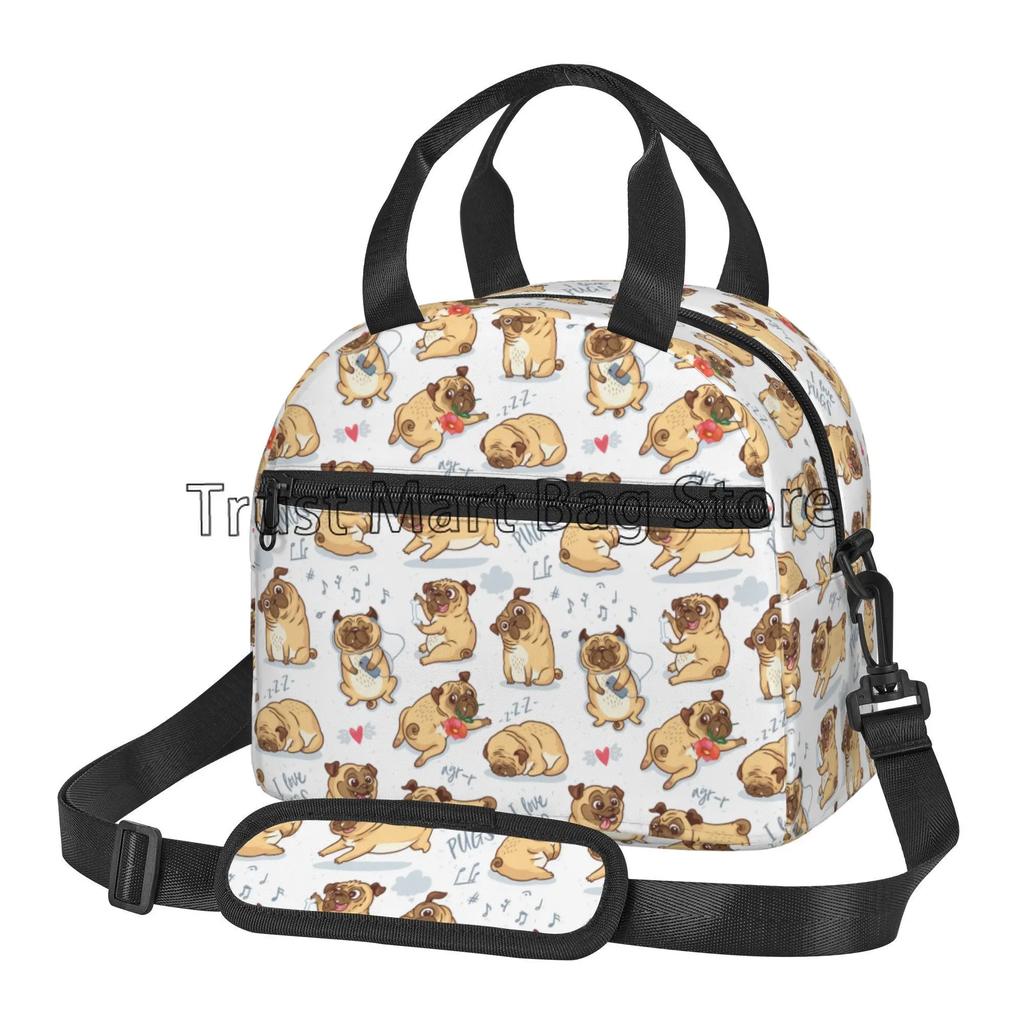 Cute Pug Dog Insulated Lunch Bag for Women Kids Thermal Lunch Box Portable Cooler Tote Bags for School Work Picnic Beach Travel