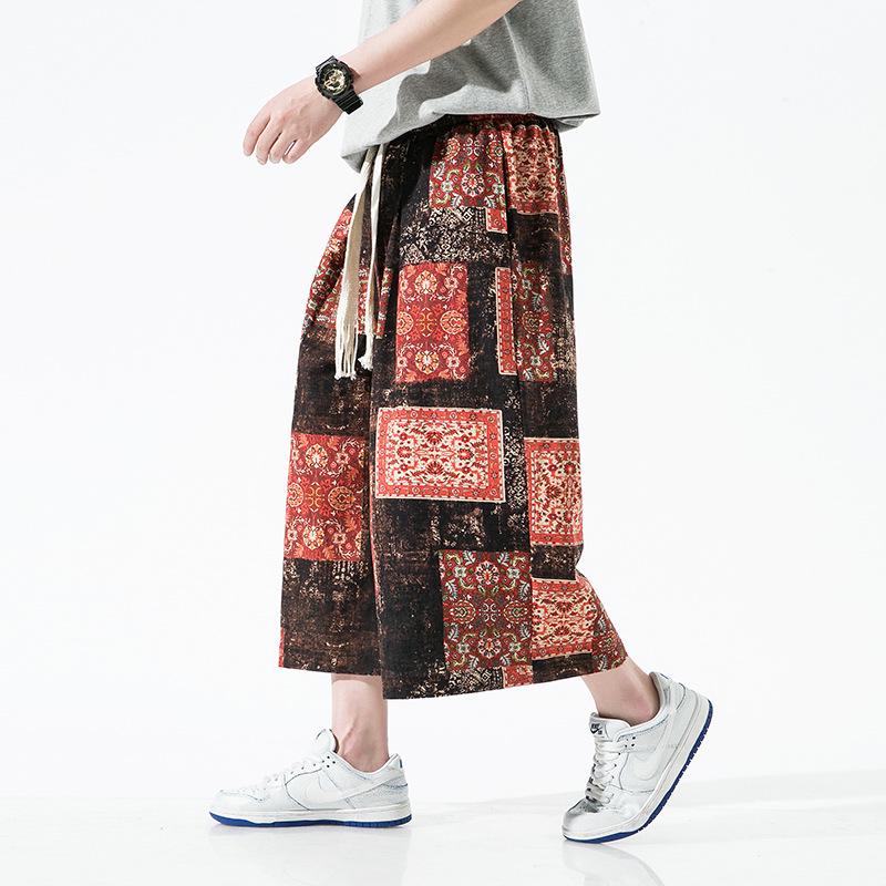 2022 Мужские летние капри из хлопка и льна с китайским принтом, больших размеров, в повседневном стиле с широкими штанинами