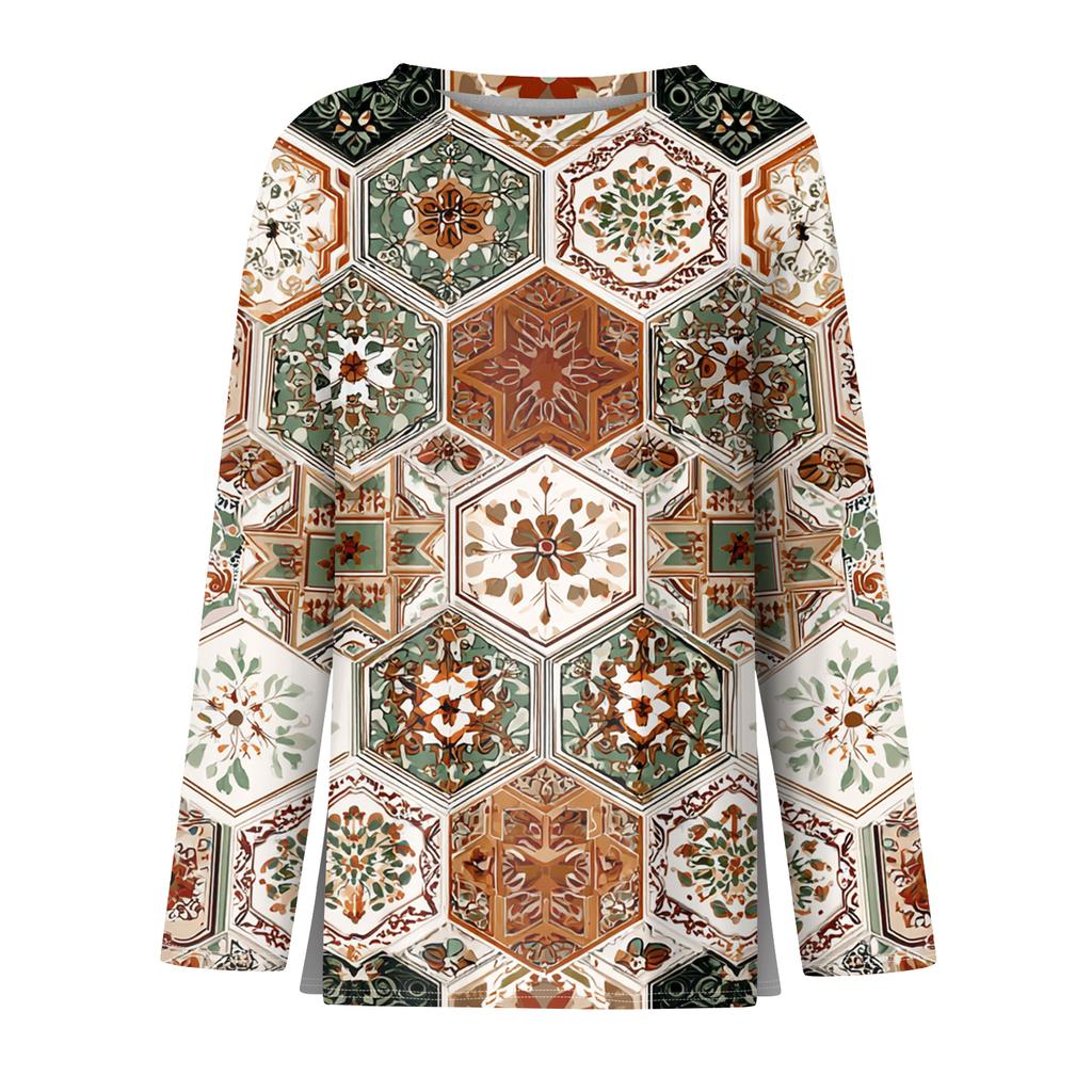 Women's Fashion Hem Slit Casual Retro Floral Print Round Neck Long Sleeve Top