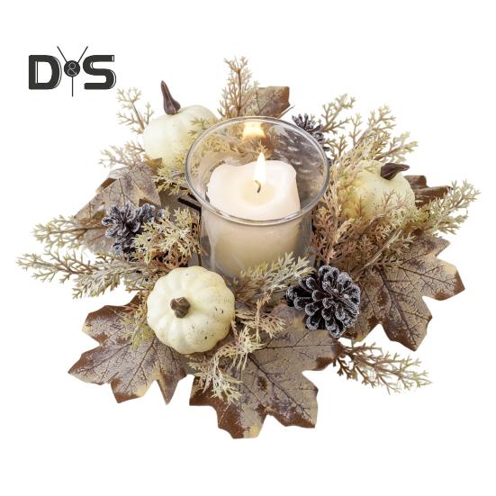 Thanksgiving Artificial Wreath Candle Ring Maple Leaf Pumpkin Pinecone Candle Holder Garland Harvest Festival Table Centerpiece Decoration