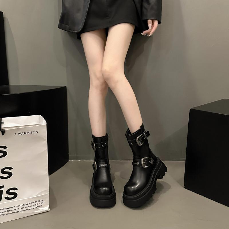 Women Ankle Boots 2025 Winter New Buckle Strappy Square Toe Mid Heels Chelsea Boots Leather Zippers Women Knight Boots