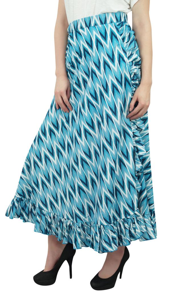 Phagun Cotton Ruffled Self Belt Ikat Printed Women's Wrap Hippie Skirt-Blue