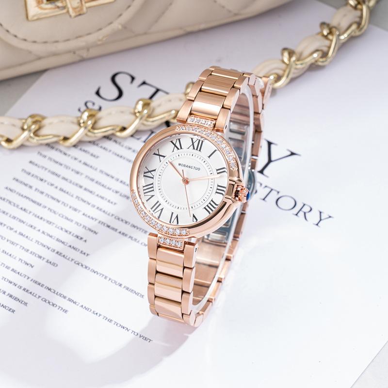 Diamond Women'S Watch Fashion Pointer Round Roman Quartz Waterproof Steel Belt Temperament Watch