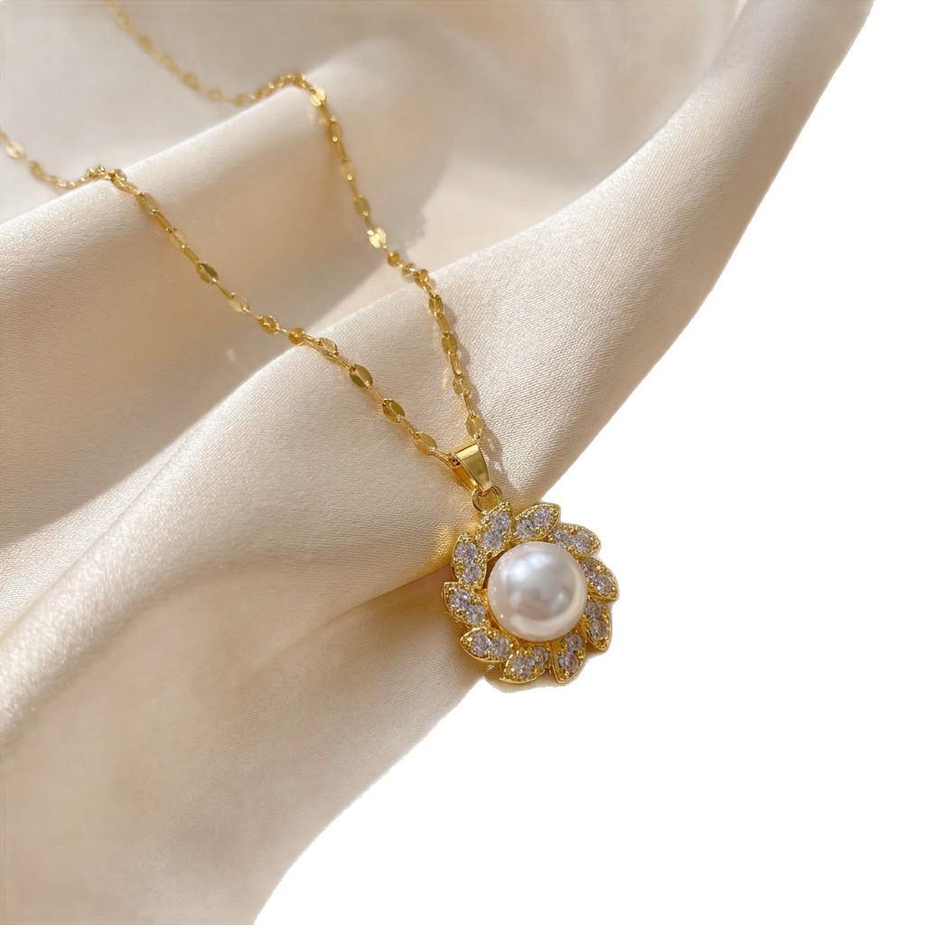 Vintage Sunflower Pearl Jewelry Three-Piece Set with Zircon Inlay: Earrings, Necklace, and Open Ring - Light Luxury Palace Style Set