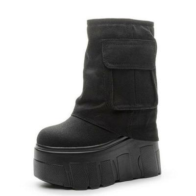 Модные 14 см Уличный стиль Деним До середины икры Платформа Танкетка Дышащие Женские Ботинки Повседневные Ботинки до колена Осень Женские Черные Весенняя обувь