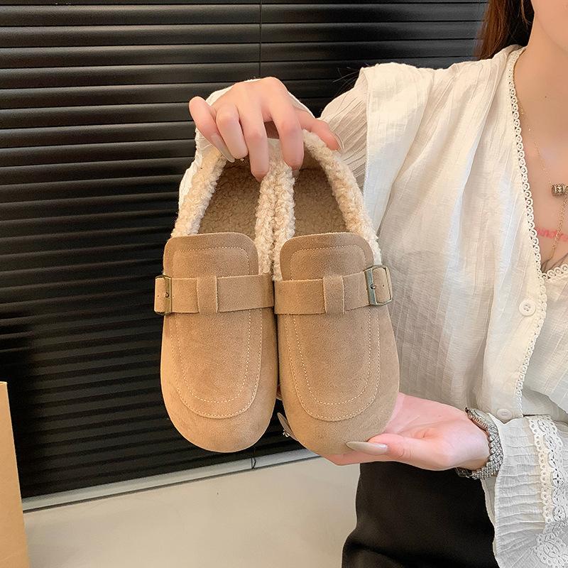 Ретро обувь Doudou женская 2025 зима новая флисовая утолщенная повседневная мягкая подошва пушистая обувь на одном педале плоские хлопковые туфли