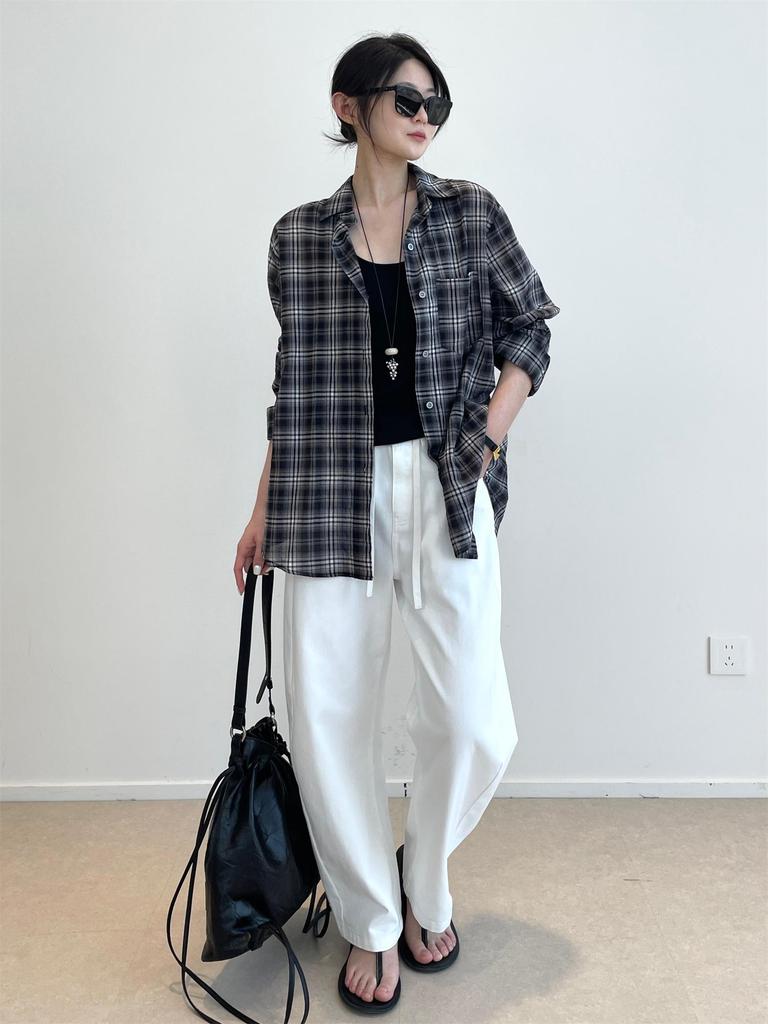 Nan Yu 100% Cotton Plaid Loose Long Sleeve Sun Protection Shirt for Women - Early Autumn 2025 Collection