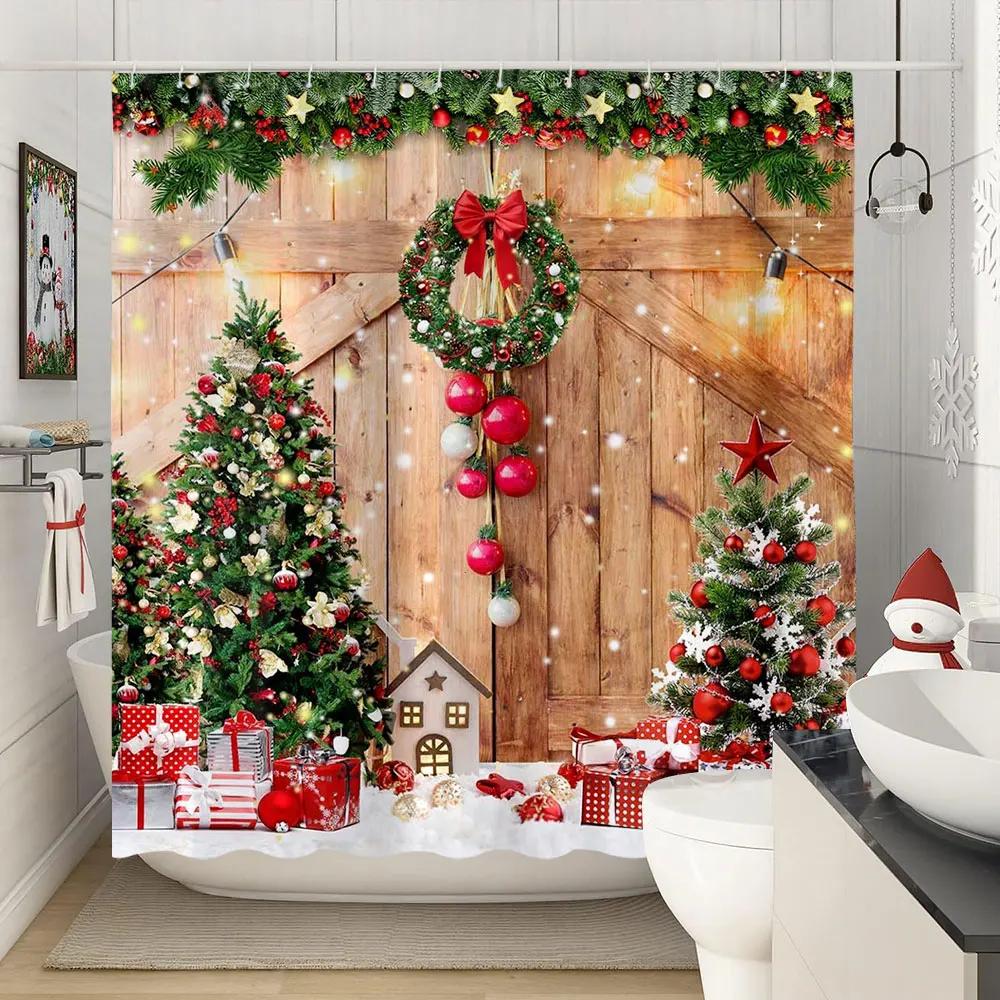 Веселые рождественские занавески для душа Зимняя снежинка Рождество Сосновые листья Лампа Праздник Фермерский дом Ткань для ванной Занавеска для ванной Декор для ванной