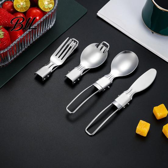 Corrosion Resistant Utensils Stainless Steel Folding Spoon Fork Cutter Straw Brush Foldable Flatware Outdoor Camping Picnic Hiking Collapsible Cutlery