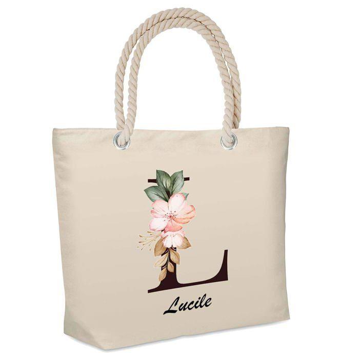 Sac de plage - PLANETEE - isotherme Lucile Lettre Fleur - Coton - Grande contenance - Anses solides