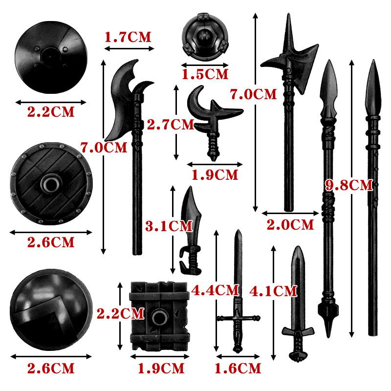 MOC Кирпичи Черный Меч Щит Копье Алебарда Шлем Средневековые Рыцари Рим Фигурка Действия Образовательный Строительный Блок Подарки