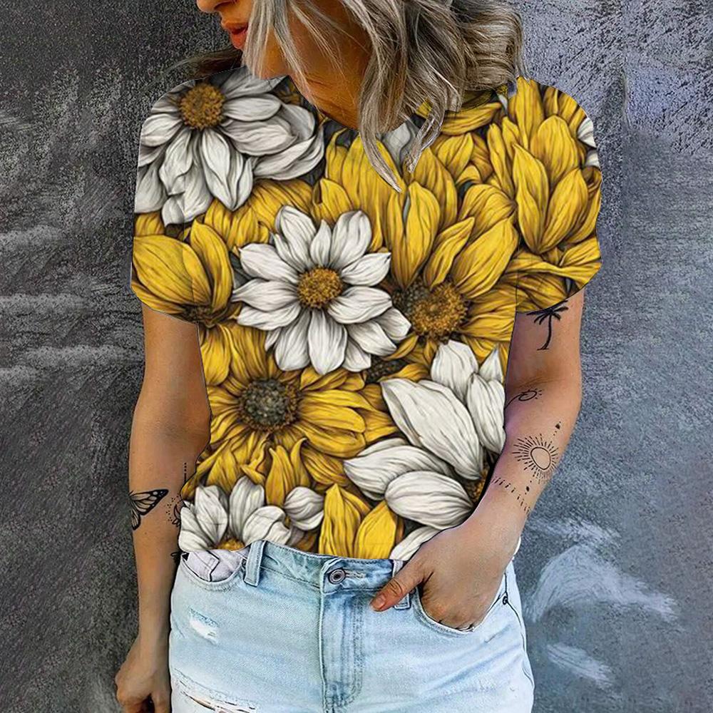 2024 Women's Summer Women's T-Shirt Retro Sunflower Pattern Print T-Shirt Fashion Popular Women's Leisure Short Sleeve T-Shirt