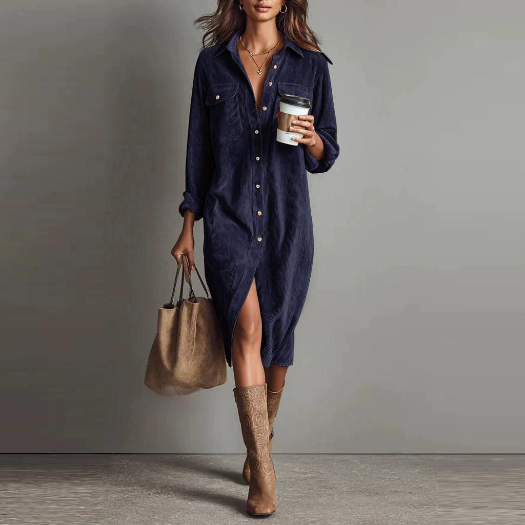 Винтажное Женское Платье Весна Лето Офисная Леди Однотонный Вельвет Длинный Рукав Воротник Рубашка Свободные Макси Платья для Женщин