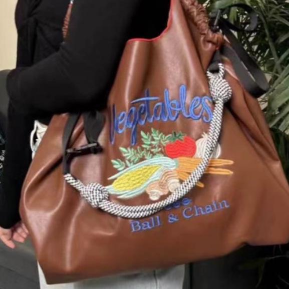 Сумка-тоут из вышитой кожи в японском стиле - Женская большая вместительная сумка через плечо