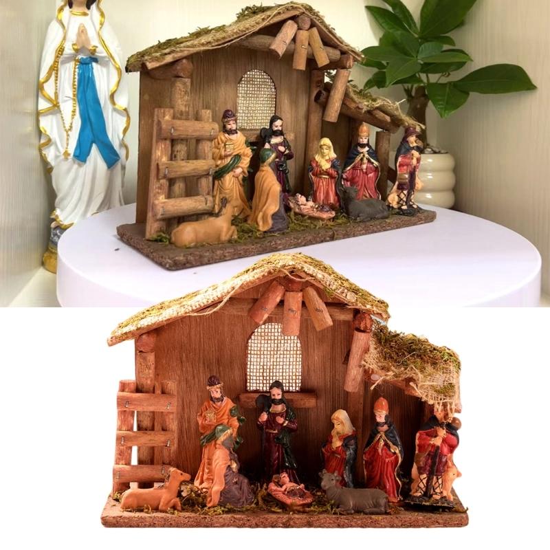Mini Christmas Nativity Set Holy Family Resin Figurine Statue with Stable Miniature Christmas Nativity Scene Sculptures