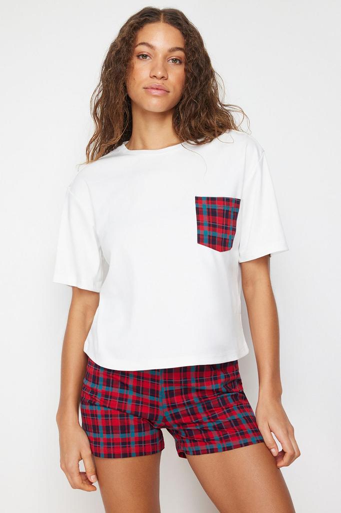 Women's Fashion White Multicolored 100% Cotton Plaid Knitted Pajama Set