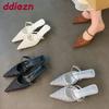 Fashion Fashion Pointed Toe Ladies Heeled Slippers Shoes Weave Footwear Low Heel Women Slippers Mules Shoes Female Slides Sandals