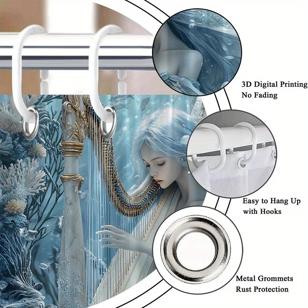 Очаровательная занавеска для душа «Арфа русалки» - Океанический фэнтези-дизайн для современного декора ванной комнаты, водонепроницаемая, простая в уходе и уникальное искусство