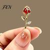 Rhinestone Flower Brooch Red Rose Bud Pin, Retro Floral Lapel Golden Tone Men Women Jewelry Accessories for Suit Dress Coat Scarf Shiny Pin