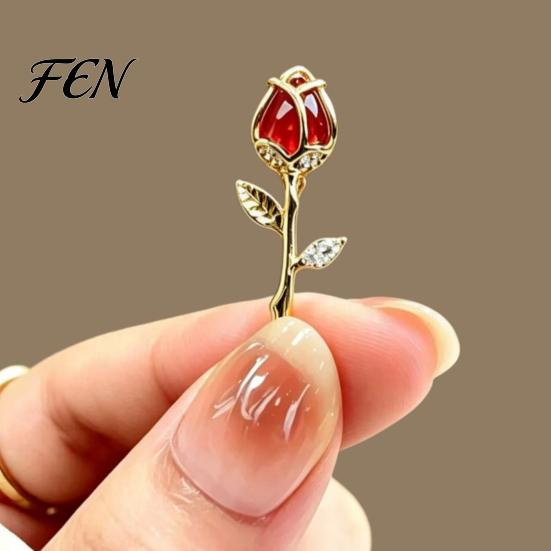 Rhinestone Flower Brooch Red Rose Bud Pin, Retro Floral Lapel Golden Tone Men Women Jewelry Accessories for Suit Dress Coat Scarf Shiny Pin