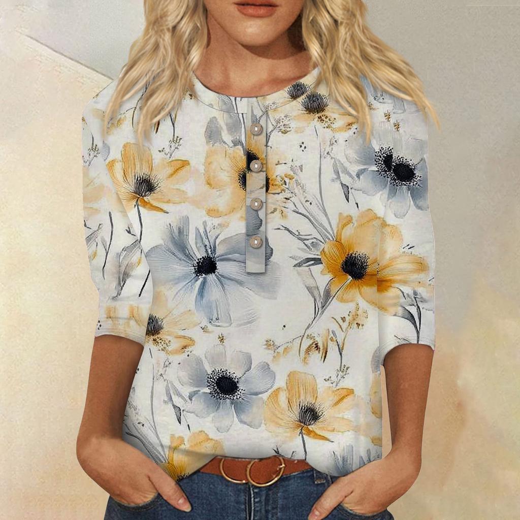 Женская мода повседневная 3/4 рукава цветочный принт пуловер круглый вырез топ повседневная одежда