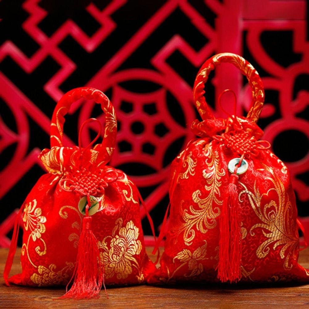 Large Capacity Canvas Flower Drawstring Bag Chinese Style New Year Bucket Bag Female/Girls