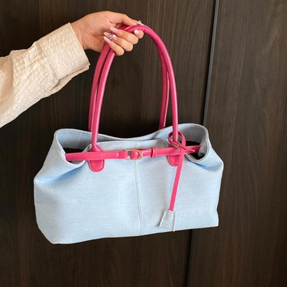 Casual Hasp Closure Denim Shoulder Bag Elegant Patchwork Color Vintage Armpit Bag PU Chic Casual Tote Bag Students