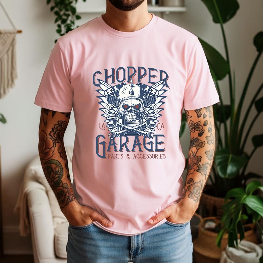 2026 New Summer Unisexs Casual Short Sleeve Cotton Tee Chopper Garage Skull Print Biker Daily Wear Streetwear