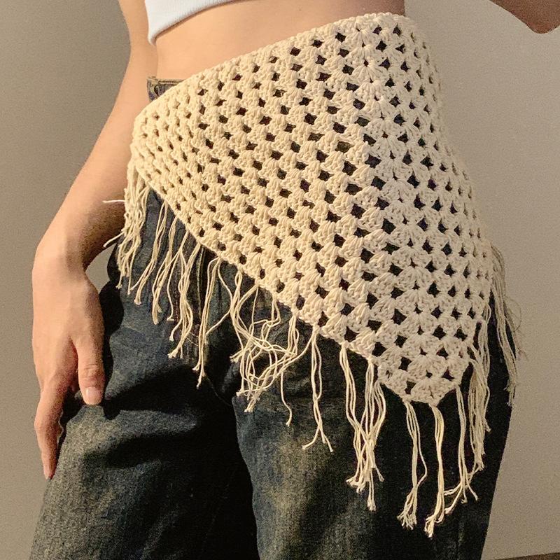 Ажурная треугольная косынка ручной вязки, богемный тюрбан, шарф для волос, многофункциональное использование, этнический стиль, пояс, декор