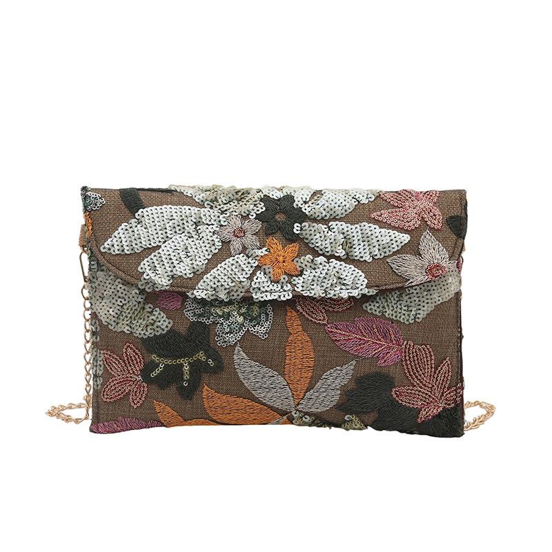 New Chinese Style Straw Woven Bag Versatile Chain Shoulder Crossbody Envelope Sequin Beaded Floral Embroidery Evening Clutch