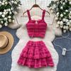 Sweet Wear Women's Summer Chic Gentle Style Square Collar Suspender Vest + High Waist Pleated Ruffled Skirt