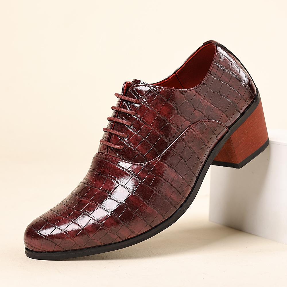 Fashionable Casual Leather Shoes Fashionable 5cm Heel Addition Men's Checkered Pattern High-Heel Chunky Heel Wedding Shoes 6cm Comfortable Shoes