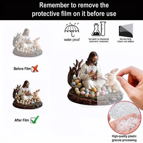 Easter Bunny Ornament 2D Flat Acrylic Table Decoration Jesus And Rabbit Colored Eggs Ornament with Base for Home Easter Party Decor