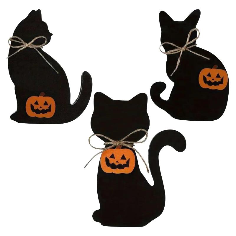 Halloween Black Cat Wood Table Cards Tiered Tray Decorations Rustic Halloween Tabletop Block Signs Fall Centerpieces Home Desk