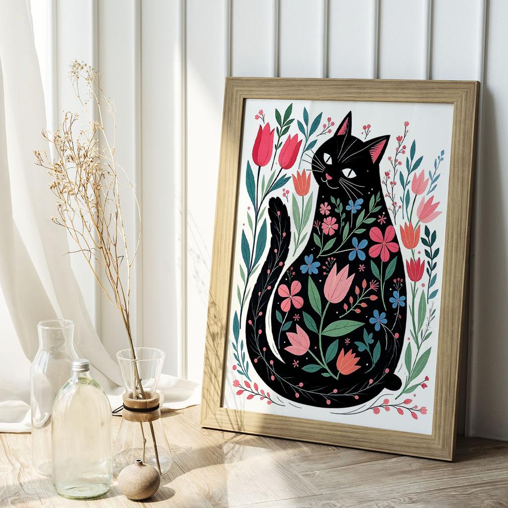 Plakat ilustracja kot w kwiatach