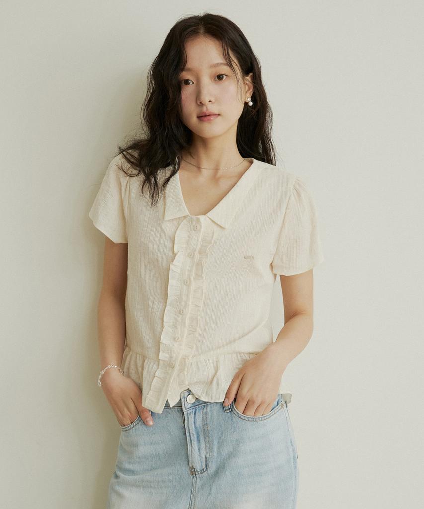 ADAUL Frill Jacquard Cap Sleeve Blouse - Cream