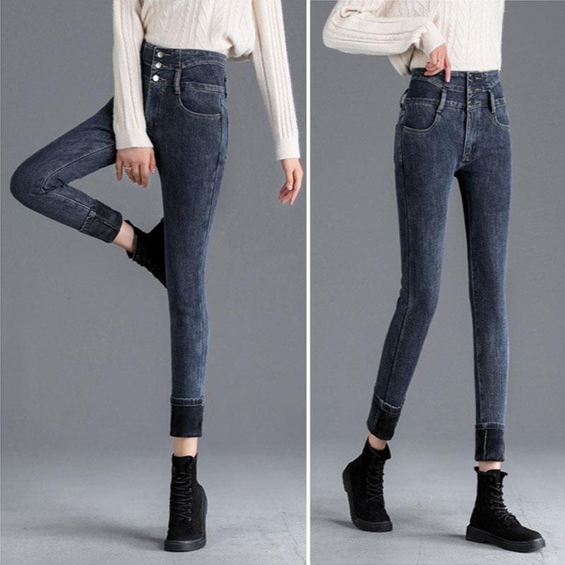 Теплые джинсовые брюки плюс утолщенные брюки из бархата с высокой талией на молнии, устойчивые к холоду, облегающие узкие брюки, джинсы женские 4XL