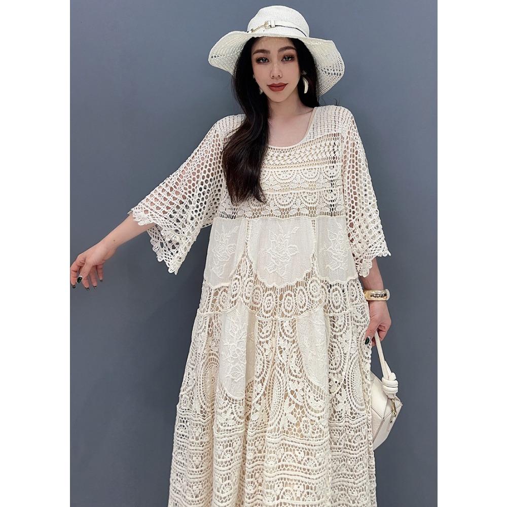 DIMANAF 2025 Лето Женщины Длинный Трикотажное Платье Рукав Базовые Модные Кружевные Платья Повседневные Свободные