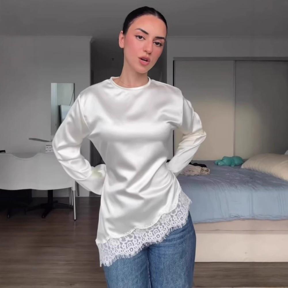 Waist-cinching Lace Patchwork Long Shirt Round Neck Slim Belted Blouse Women's Lace-up Tops Spring