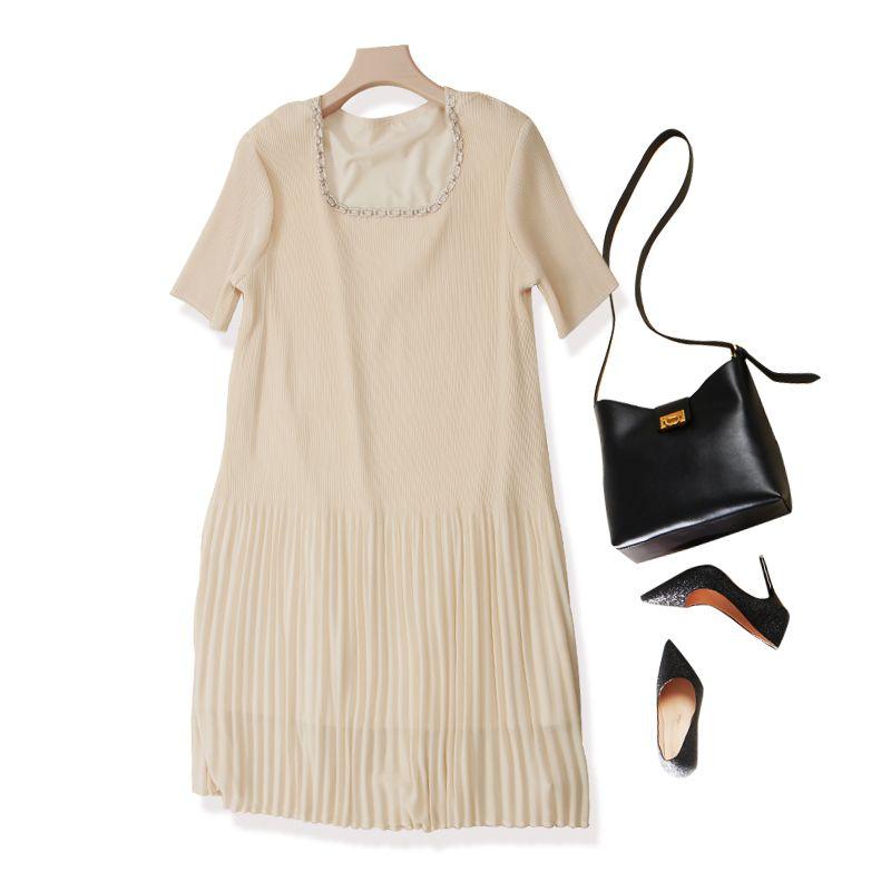 Little Gao End Sanzhai High-Elastic Dress! Women's Short-Sleeved Rhinestone Square Collar over-the-Knee Dress Breathable Summer