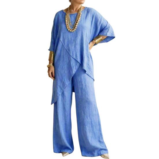 Женские комплекты из 2 предметов хлопок/лен, асимметричный подол, топ с 3/4 рукава и круглым вырезом, широкие брюки, matching outfits для дома