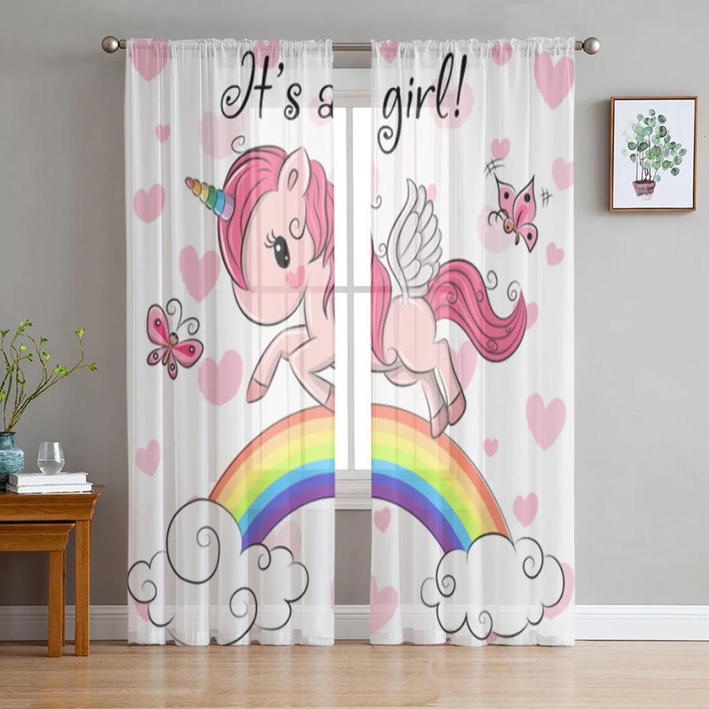 Милый мультяшный единорог с цветами, прозрачные шторы для гостиной, детская спальня, тюлевые шторы, кухонные шторы для окон