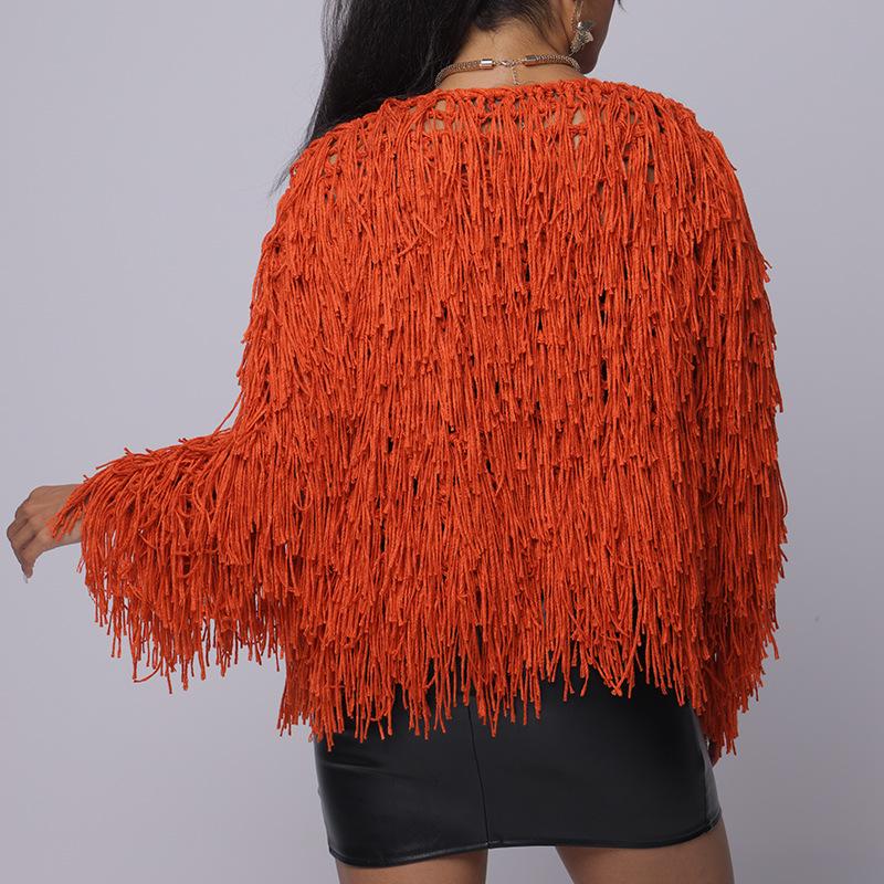 Spring Hand-Knitted Tassel Open Knit Cardigan Sweater - Women's European & American Style