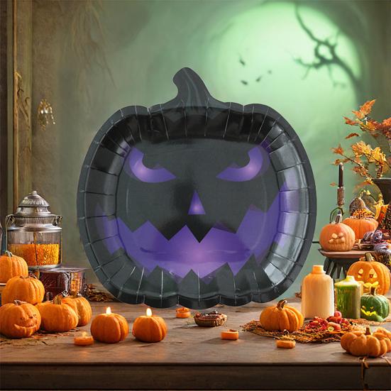 Хэллоуин Тыква Бумажные тарелки Черные Оранжевые Тарелки-гримасы тыквы Одноразовые сервировочные подносы для угощений на Хэллоуин