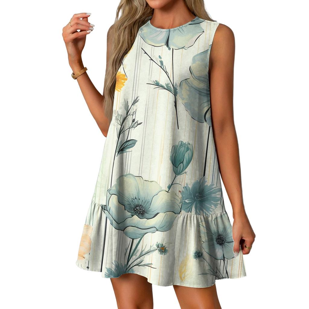 Women's Fashion Casual Sleeveless Round Neck Ruffle Vintage Printed Dresses