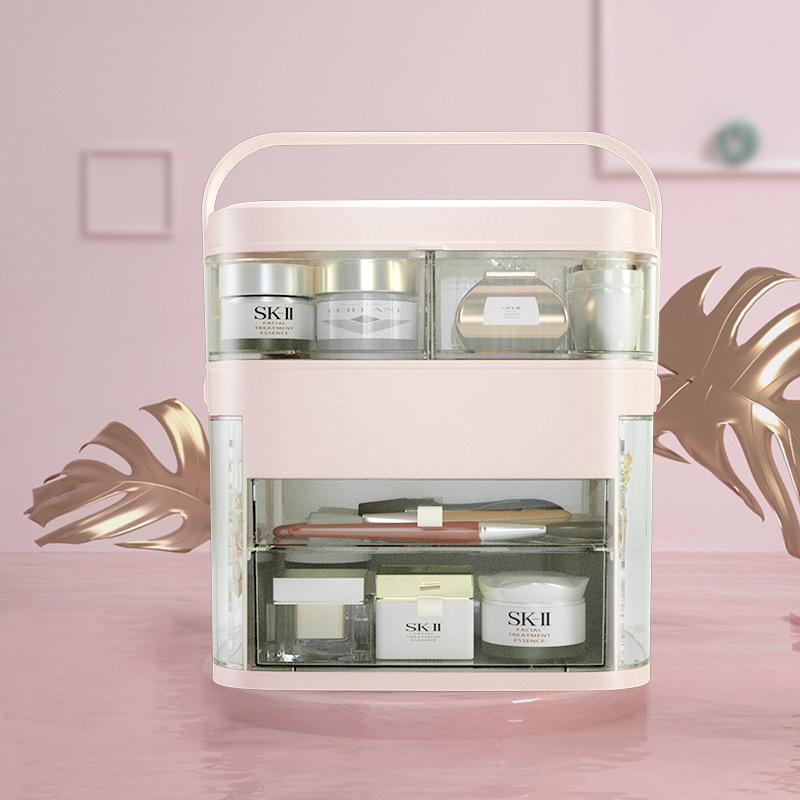 Cosmetics Storage Box with LED Light Dustproof Skincare Products Dresser Table Top with Mirror Lamp Jewelry Shelf