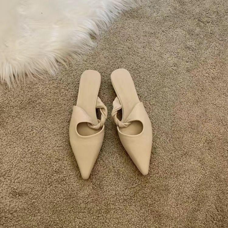 Летние уличные шлепанцы мюли с острым носком женские тапочки кожаные туфли для женщин 2024 черные сандалии на низком каблуке корейский стиль B распродажа I