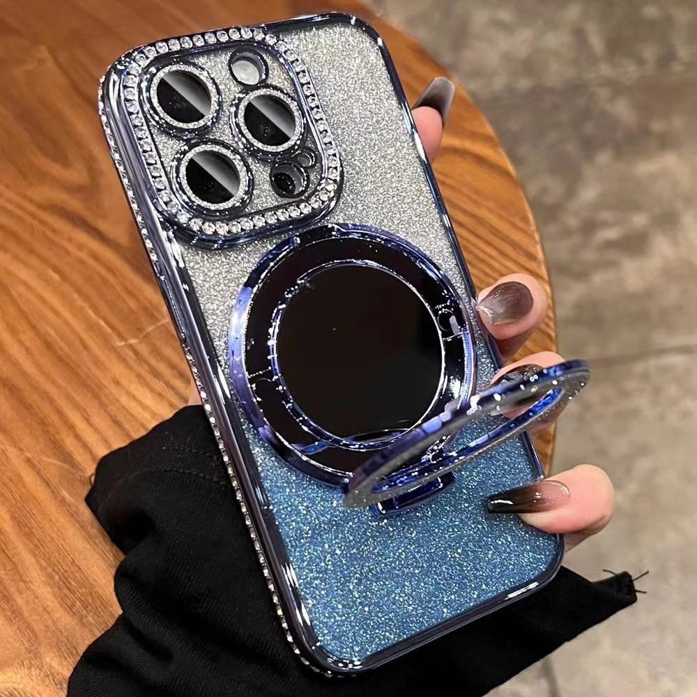 For IPhone 17 Luxury Electroplated Rhinestone Glitter for Apple 16 Promax Phone Case Mirror Magnetic Bracket 15
