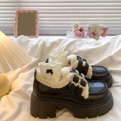 Модные женские туфли-лодочки Зимняя мода Британский стиль Обувь Лолиты Женские Новые Японские Винтажные Плюшевые Теплые Хлопковые Туфли Женские Туфли Мэри Джейн